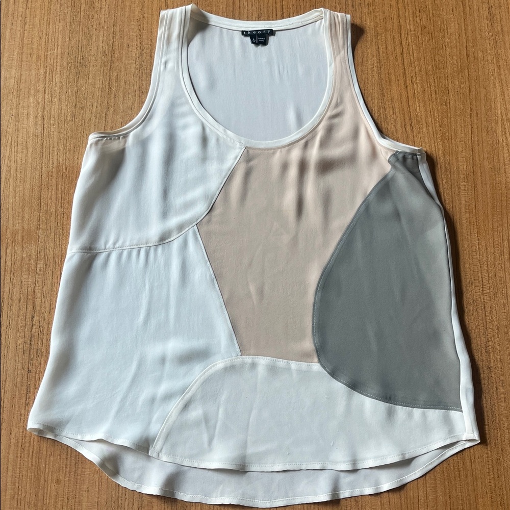 Theory Silk Scoop Neck Tank Top, Multi-Color Patchwork Cream, Tan, Olive, Sz S